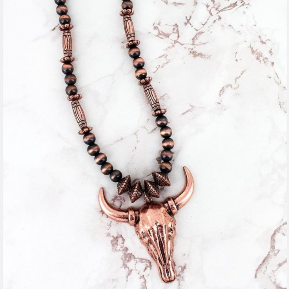 Steer Longhorn Skull Copper Necklace